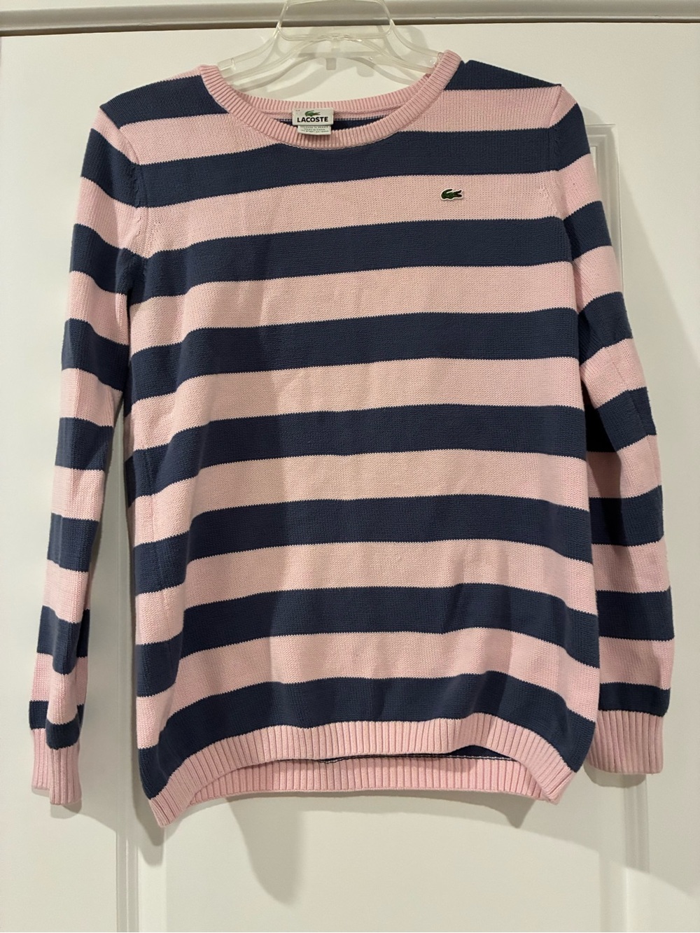 Lacoste Pink and Navy Horizontal Stripe Crewneck Sweater